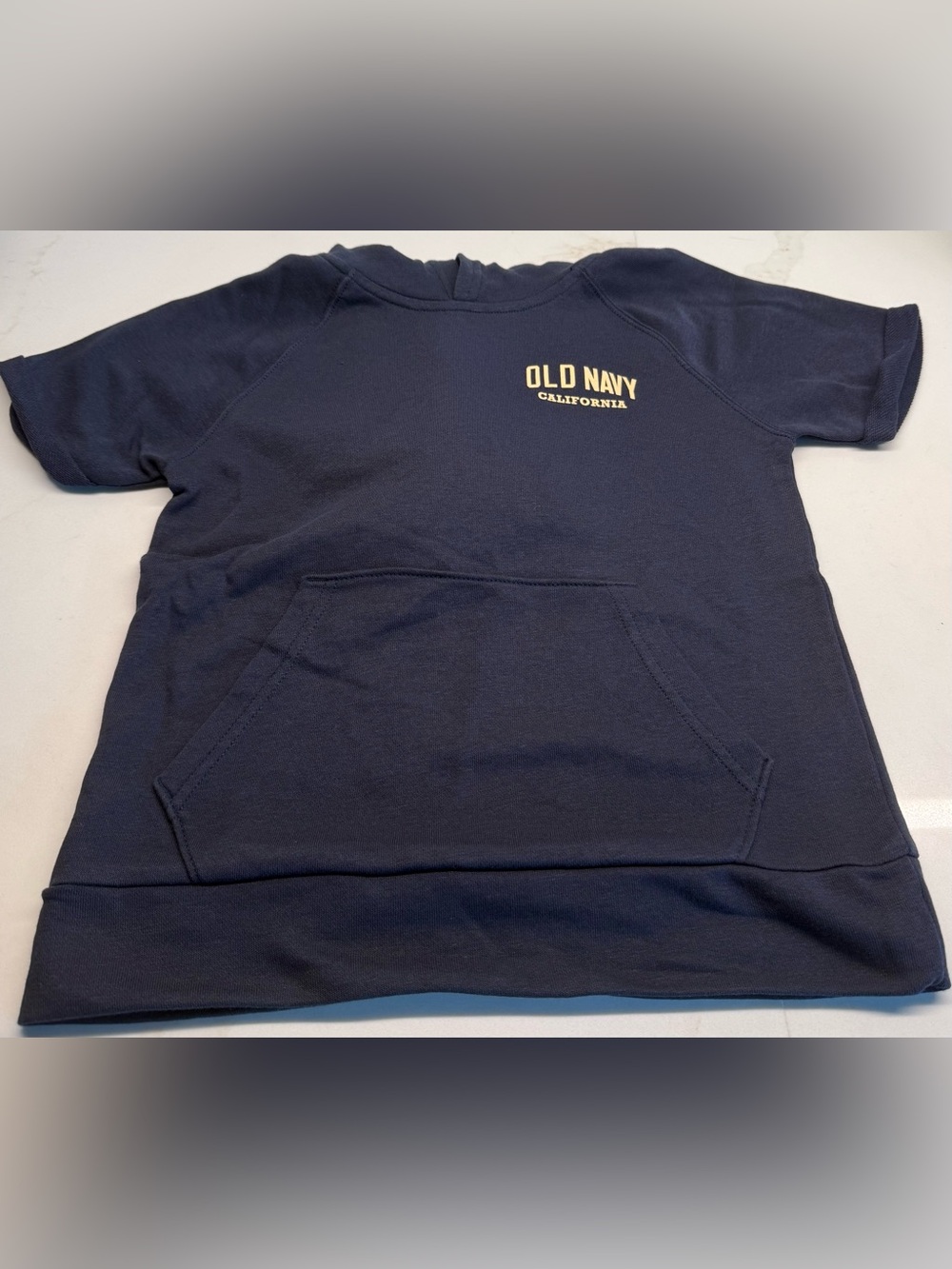 Old Navy Boys Medium 8 NWOT Short Sleeve Hoodie Navy Blue Graphic Pullover